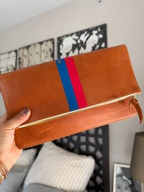 Clare V Camel Fold-over Pouch with Signature Stripe